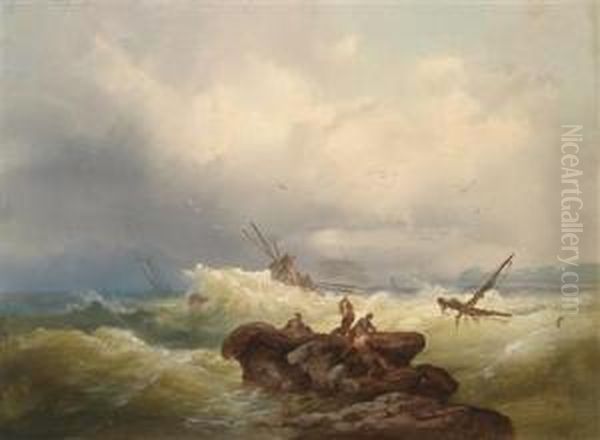 Rescued By The Rocks In Stormy Seas Oil Painting by Josef Carl Berthold Puttner