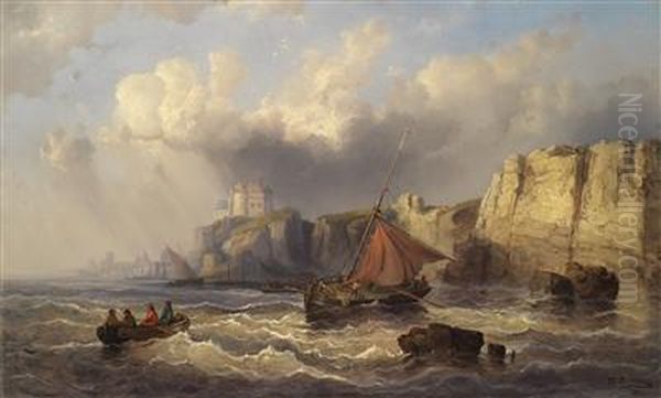 Fishermen By The Coast Oil Painting by Josef Carl Berthold Puttner