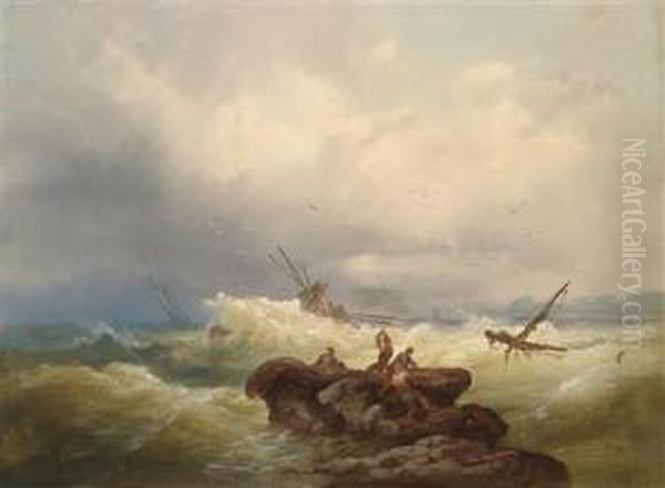 Saved By The Rocks In Stormy Seas Oil Painting by Josef Carl Berthold Puttner