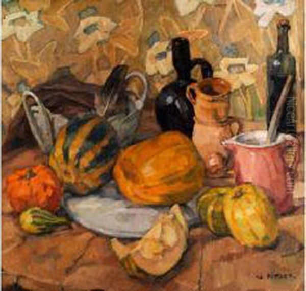 Stilleben Mit Melonen Und Hafnergeschirr Oil Painting by Walter Puttner