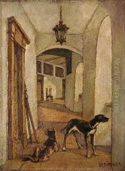 Jagdhunde In Einem Schlossgang Oil Painting by Walter Puttner