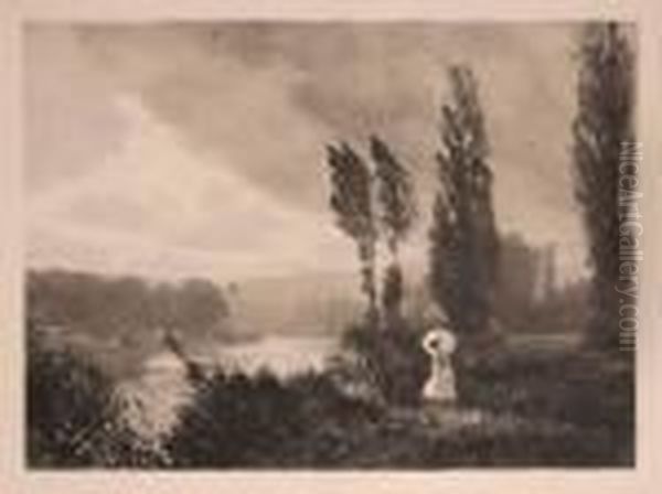 Paysage De Riviere, Jeune Fille A L'ombrelle Oil Painting by Constant Emile. Puyo