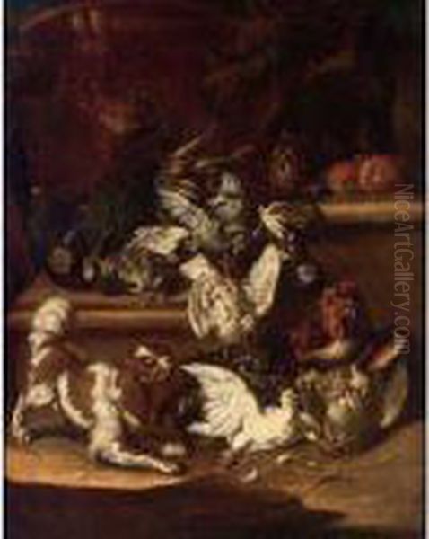 A Dog And Cat Chasing Pigeons, A Partridge And Poultry On A Stone Ledge Oil Painting by Christoffel Puytlinck