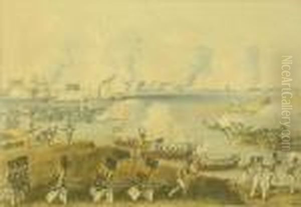 Coloured Print Of A Naval Battle Scene Oil Painting by Henry Pyall