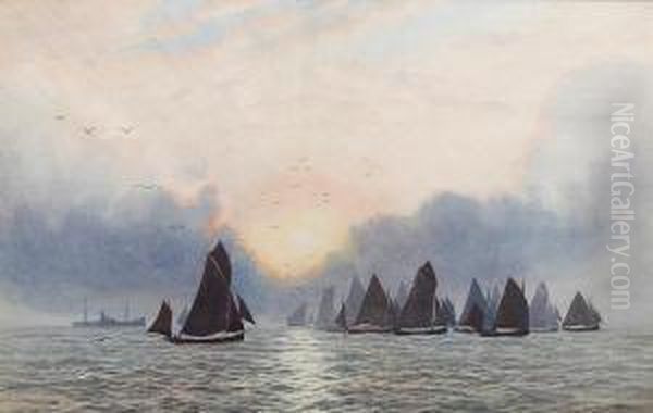 The Sprat Fleet Leaving Poole Harbour, Dorset Oil Painting by William Pye