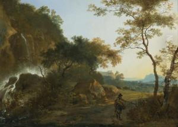 An Italianate Landscape With A Traveller On A Path By A Waterfall Oil Painting by Adam Pynacker