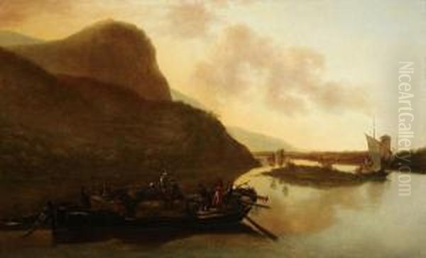 A Barge In An Expansive River Landscape Oil Painting by Adam Pynacker