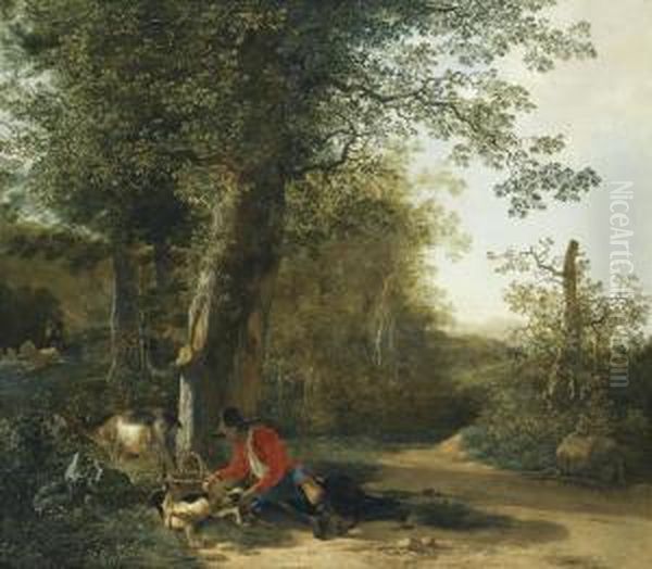 A Peasant Playing With His Dog While Resting At The Margin Of A Wood Oil Painting by Adam Pynacker