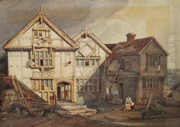 Figures By An Old Timbered Dwelling Oil Painting by Charles Claude Pyne