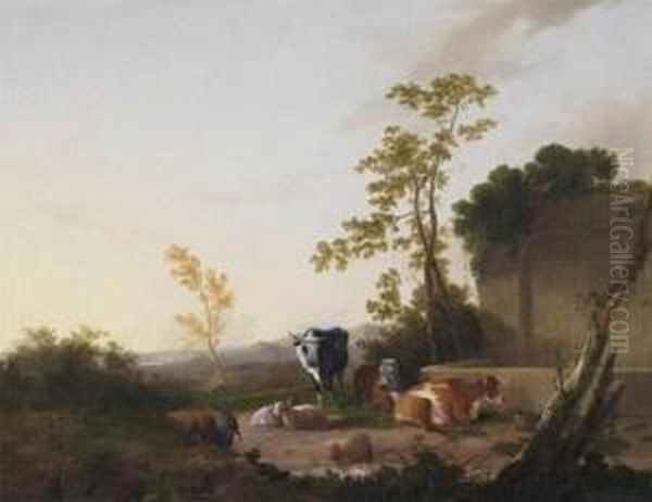 Cattle By Well In A Mountainous Landscape Oil Painting by James Baker Pyne