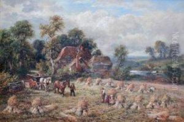 Horse And Tumbrel Cart With Figures Binding Corn Stooks Near Cottages Oil Painting by James Baker Pyne