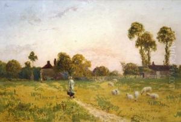 A Figure Walking Across A Pasture With Sheep Grazing Oil Painting by Thomas Pyne