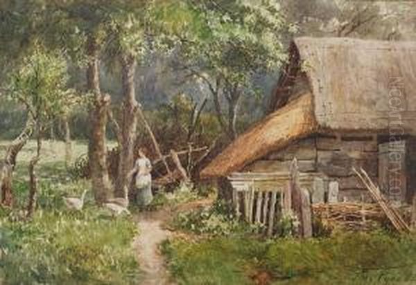 Girl Feeding Geese Before A Thatched Woodlandbarn Oil Painting by Thomas Pyne