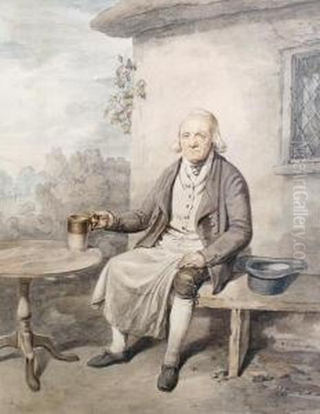 Gentleman Seated Outside A Cottage Holding Atankard Oil Painting by William Henry Pyne