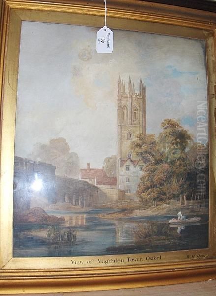 Magdalen Tower, Oxford, Inscribed Verso Oil Painting by William Henry Pyne