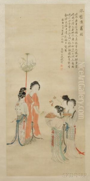 Depicting A Group Of Four Women From The Qing Dynasty Oil Painting by Gai Qi