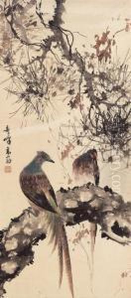 Pine And Birds Oil Painting by Gao Qifeng