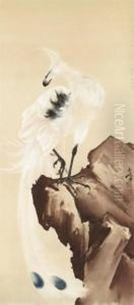 White Phoenix On Rock Oil Painting by Gao Qifeng