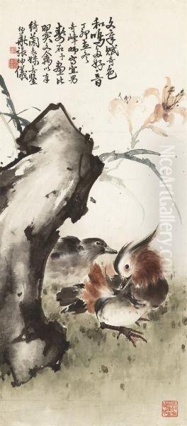 Mandarin Ducks Oil Painting by Gao Qifeng