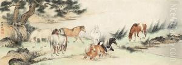 Eight Horses Oil Painting by Zhu Qingqi