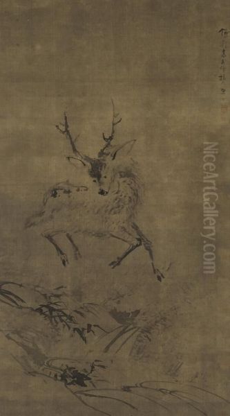 Deer Oil Painting by Gao Qipei