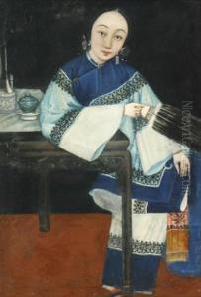 Lady Seated At A Table With Feather Wisp Oil Painting by Lam Qua