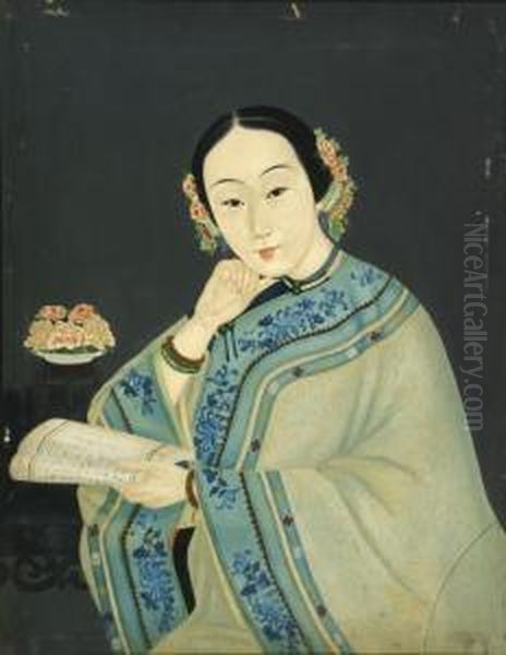 Portrait Of A Lady Holding A Scroll Oil Painting by Lam Qua