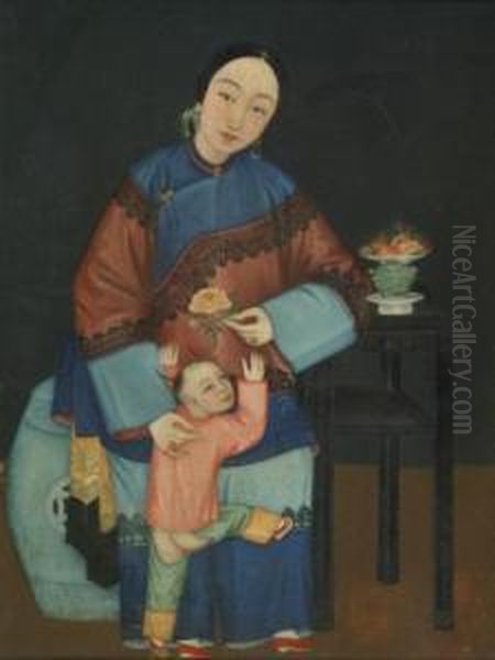 Lady Seated With Playful Child Oil Painting by Lam Qua