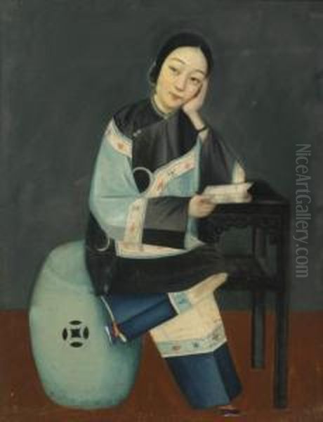 Lady Seated Holding A Scroll Oil Painting by Lam Qua