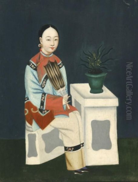 Lady Seated Holding A Feather Fan Oil Painting by Lam Qua