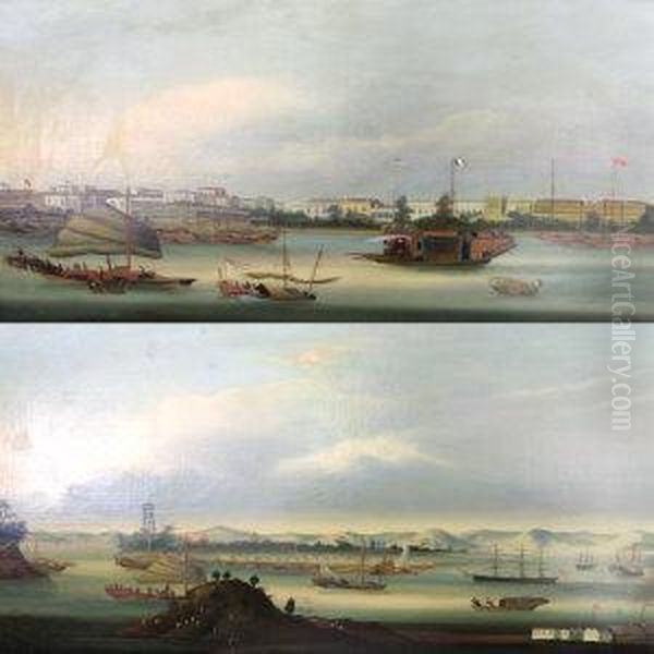 View Of Whampoa Anchorage And Thecanton Hongs Oil Painting by You Qua