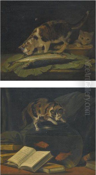 A Still Life With A Cat Examining Two Fish On A Table And A Catexploring An Earthenware Bowl Oil Painting by Martin Ferdinand Quadal