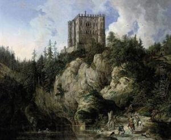 A Hawking Pary In A Rocky Landscape, A Castle Beyond Oil Painting by Domenico Quaglio