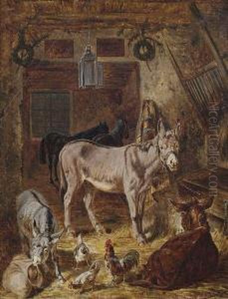 Stable Interior With Donkeys And Horses. Oil Painting by Franz Quaglio