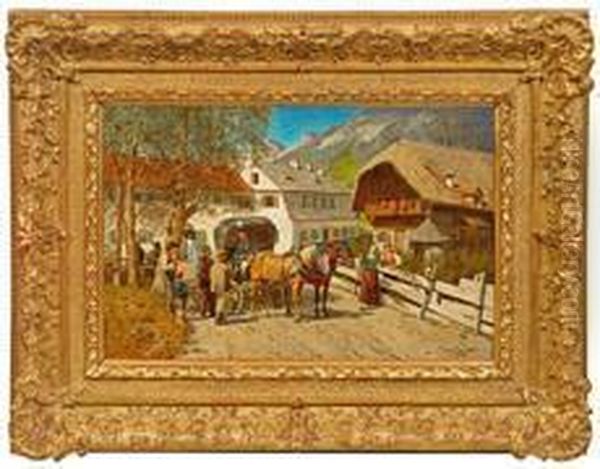 Postkutschenhalt In Einemoberbayerischen Dorf Oil Painting by Franz Quaglio