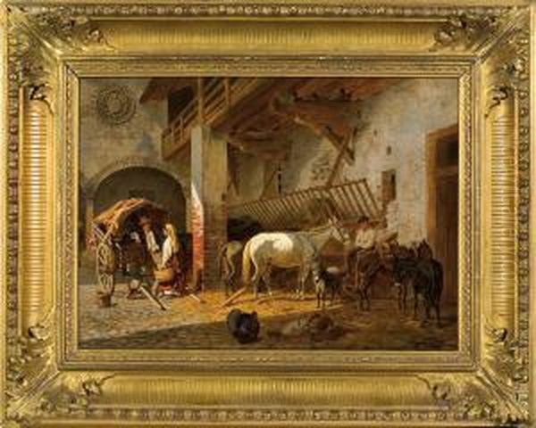 In The Stable Oil Painting by Franz Quaglio