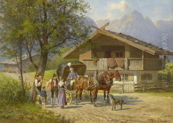 Postillon Mit Bauernfamilie Auf Der Dorfstrase Oil Painting by Franz Quaglio