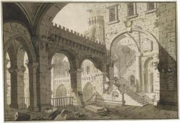 Architectural Capriccio With A Rusticated Arcade Overlooking A Courtyard Oil Painting by Giovanni Maria Quaglio