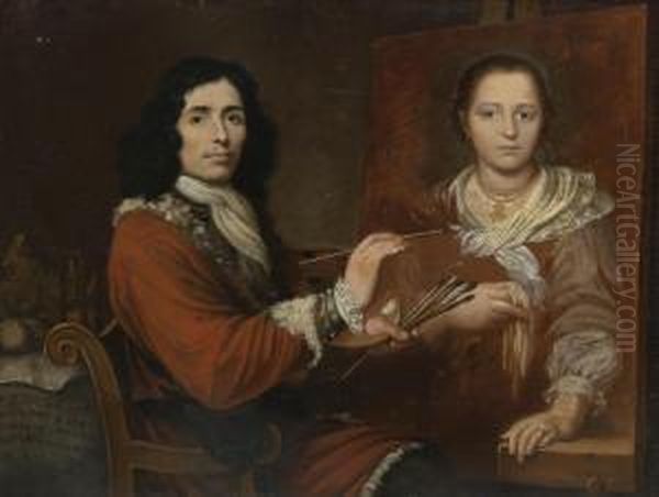 Self Portrait Of The Artist Painting His Wife Oil Painting by Giulio Quaglio I