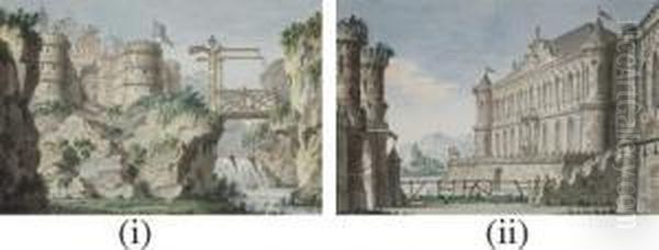 Two Stage Designs: A Fortress On A Mountain, And Lothar Castle Oil Painting by Lorenzo I Quaglio