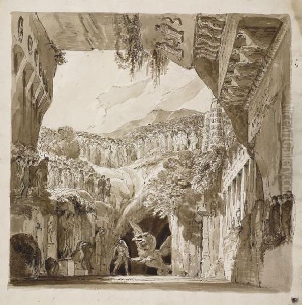 A Stage Design: A Man Fighting A Dragon In A Cave ( Oil Painting by Lorenzo I Quaglio