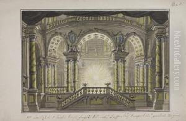 A Stage Design: The Interior Of A Temple Oil Painting by Lorenzo I Quaglio