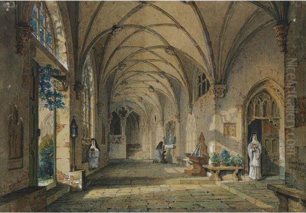 Interior View Of A Cloisters Oil Painting by Simon Quaglio