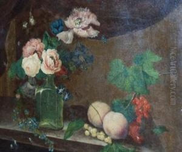 Still Life With Flowers And Fruit On A Ledge Oil Painting by William Quaker Pegg