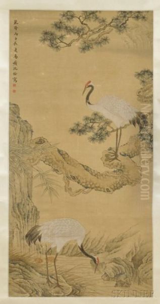 Depicting Two Cranes With Pine Trees And Bamboo Oil Painting by Shen Quan