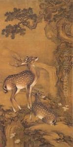 Deer And Monkeys In A Landscape Oil Painting by Shen Quan