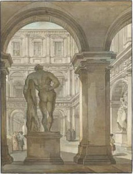 View Of The Farnese Hercules In The Portico Of The Courtyard Of Thefarnese Palace, Rome Oil Painting by Giacomo Quarenghi