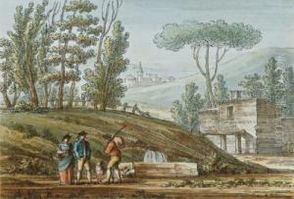 A Landscape With Travellers Near A Spring And A Town In The Background Oil Painting by Giacomo Quarenghi