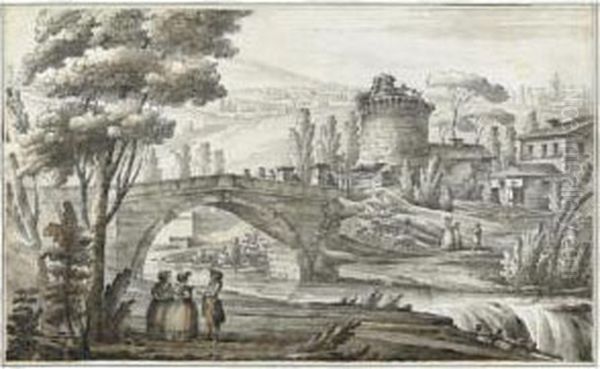 Landscape With Buildings And Figures Near A Bridge Oil Painting by Giacomo Quarenghi