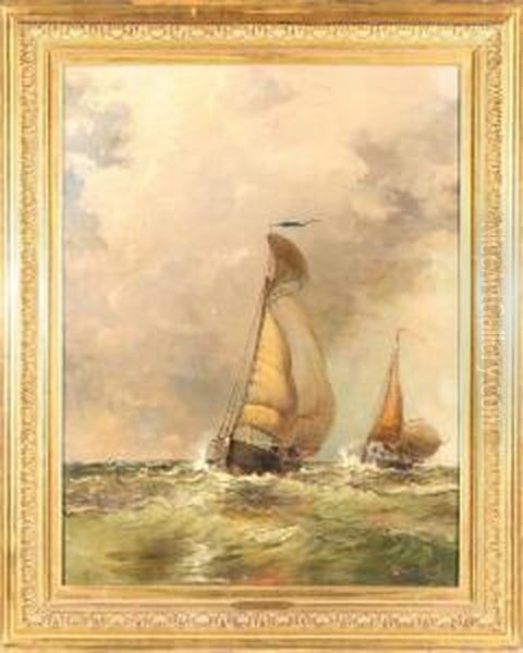 Sailboats On A Frothy Sea Oil Painting by Arthur Quartley